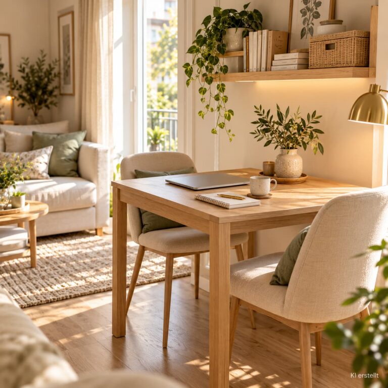 Platzsparender Ess- und Arbeitsplatz in einer kleinen Einzimmerwohnung mit Eichenholztisch und Wandregal.