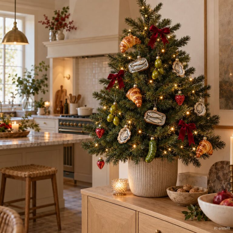 Verrückte Weihnachtsdeko mit Croissant, Sardinendose, Olive und Austern als Christbaumschmuck.