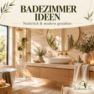 Modernes Badezimmer mit Travertinfliesen, Eichenholz-Waschtisch, rundem Spiegel und natürlichen Accessoires. Quadratisches Cover für die Pinterest-Pinnwand „Badezimmer Ideen“.