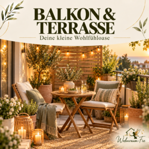 Gemütlicher kleiner Balkon mit Holzmöbeln, Olivenbäumchen, Terrakottatöpfen, salbeigrünen Kissen und warmer Beleuchtung. Quadratisches Pinterest-Cover von Wohnraum-Fee für Balkon und Terrasse.