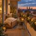 Gemütlicher kleiner Balkon im Herbst und Winter mit wetterfesten Kissen, Tannengrün, LED-Laternen und winterlichen Pflanzkübeln.