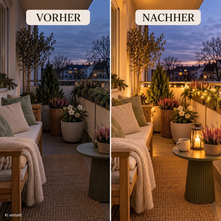Balkon vorher nachher mit warmweißer Outdoor-Lichterkette und stimmungsvoller LED-Laterne.