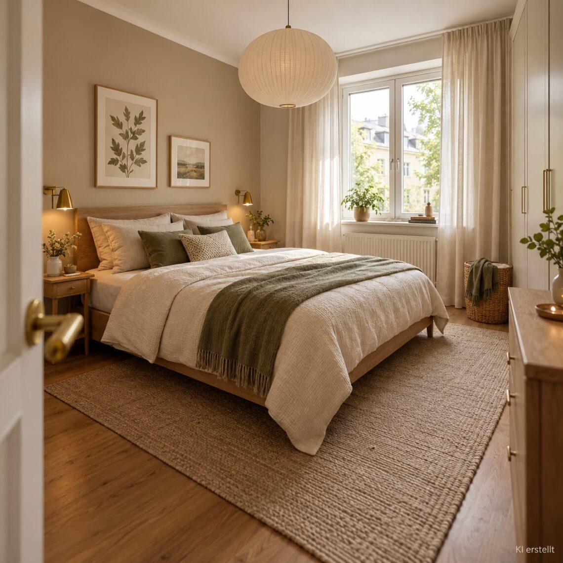 Schlafzimmer mit mittig platziertem Bett aus Eichenholz, zwei schmalen Nachttischen und freien Laufwegen.