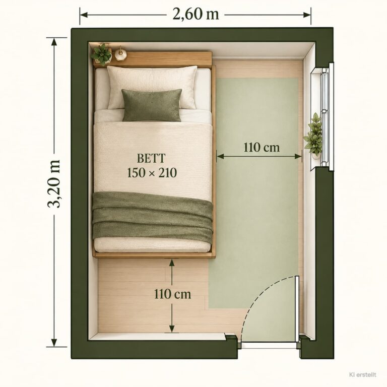 Kleiner Schlafzimmer-Grundriss mit 140 cm breitem Bett an der Wand und 110 cm freiem Zugang.