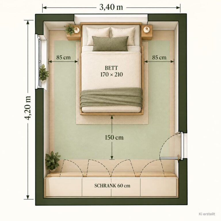 Schlafzimmer-Grundriss mit mittigem Bett, Kleiderschrank und 150 cm Bewegungsfläche vor dem Schrank.
