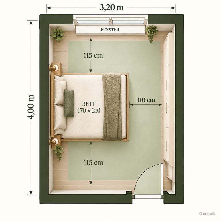 Schlafzimmer-Grundriss mit großem Fenster und Doppelbett an der Seitenwand statt direkt unter dem Fenster.