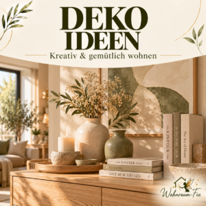 Stilvolle Wohndekoration mit Keramikvasen, Trockenblumen, Kerzen, Holztablett und dekorativen Büchern auf einer hellen Kommode. Pinterest-Cover von Wohnraum-Fee zum Thema Deko Ideen.