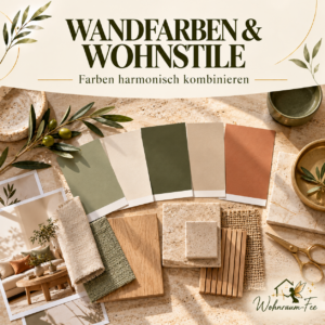 Elegantes Interior-Moodboard mit salbeigrünen, cremefarbenen und terrakottafarbenen Farbmusterkarten, Naturholz, Leinen und Keramik. Wohnraum-Fee-Pinnwandcover für Wandfarben und Wohnstile.