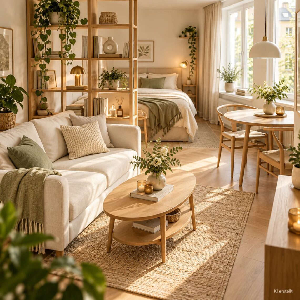 Helle 1-Zimmer-Wohnung mit Sofa, optisch abgetrenntem Bett, kleinem Essplatz und platzsparenden Möbeln.