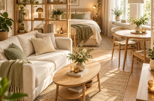 Helle 1-Zimmer-Wohnung mit Sofa, optisch abgetrenntem Bett, kleinem Essplatz und platzsparenden Möbeln.