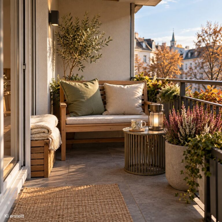 Kleine wetterfeste Balkonsitzecke im Winter mit Outdoor-Kissen, warmer Decke und LED-Laterne.