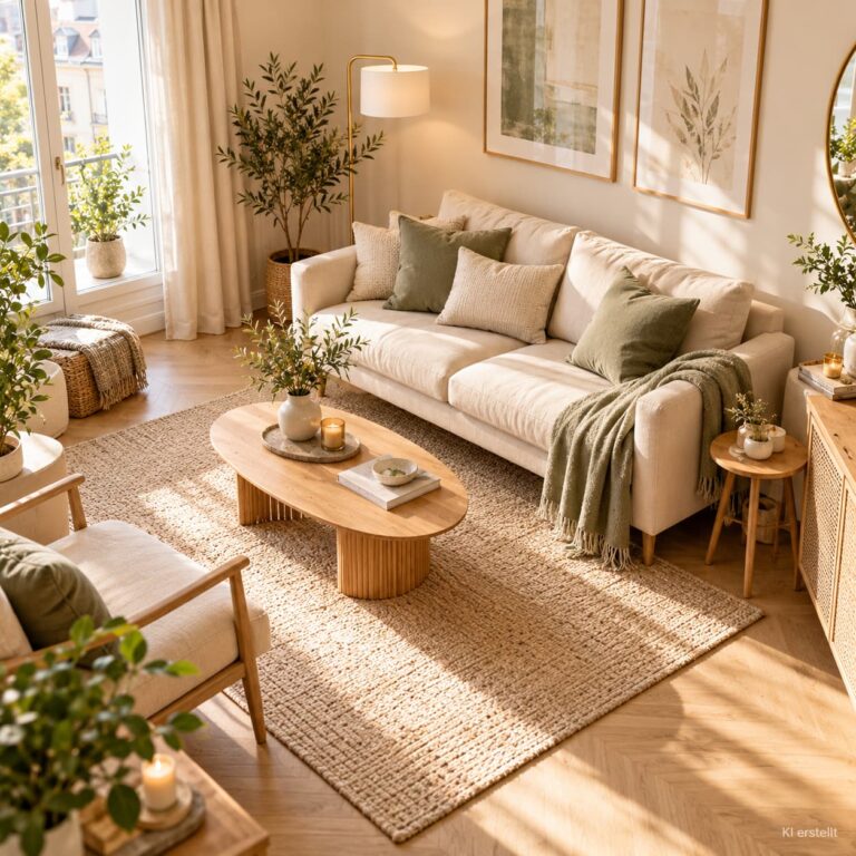 Kleines Wohnzimmer mit cremefarbenem Zweiersofa, großem Naturteppich und platzsparendem ovalem Couchtisch.