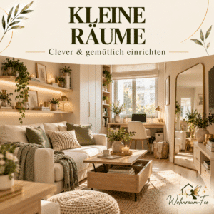 Clever eingerichtete kleine Wohnung mit kompaktem Sofa, Wandregalen, platzsparenden Möbeln und hellen Naturfarben. Wohnraum-Fee-Pinnwandcover „Kleine Räume“.