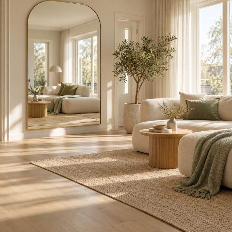 Kleines Wohnzimmer mit großem Wandspiegel, hellem Sofa und natürlichen Farben für eine großzügigere Raumwirkung.