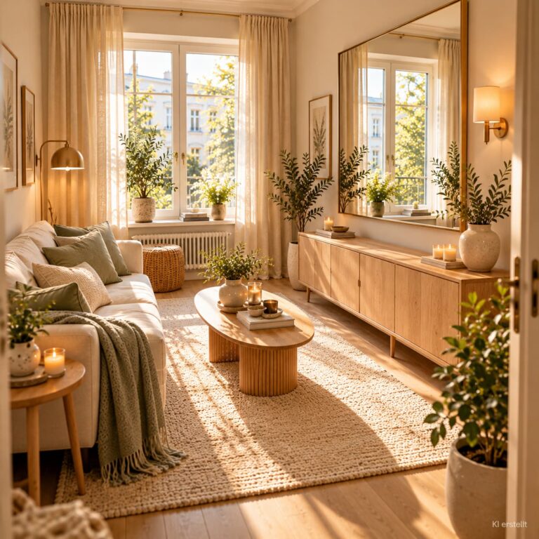 Großer Wandspiegel neben einem Fenster reflektiert Tageslicht in einem kleinen Wohnzimmer mit hellen Naturmöbeln.
