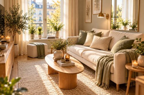 Kleinen Raum optisch größer wirken lassen mit hellem Sofa, Spiegel, bodenlangen Vorhängen und harmonischen Naturfarben.
