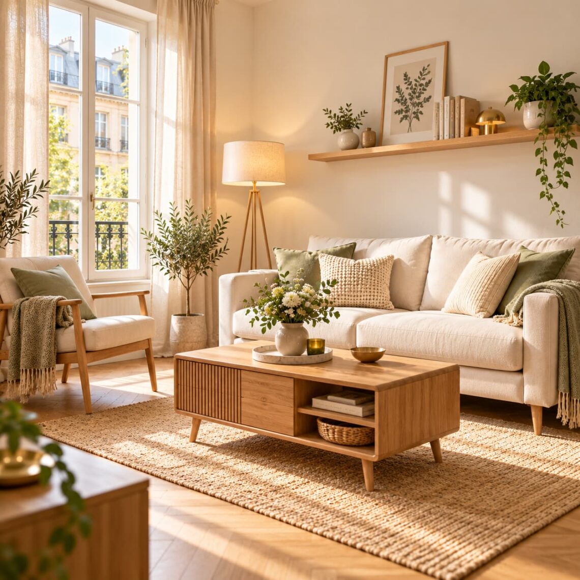 Kleine Wohnung einrichten mit hellem Sofa, platzsparenden Möbeln, warmen Naturfarben und cleveren Wohnideen.