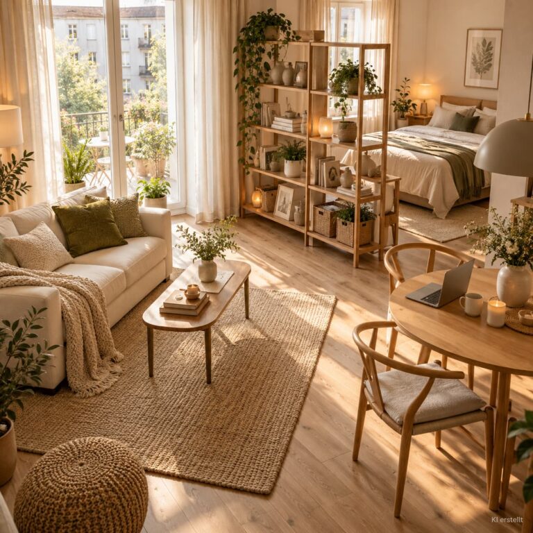 Kleine Einzimmerwohnung mit gemütlichem Sofa, rundem Esstisch und offenem Raumteiler aus hellem Holz.