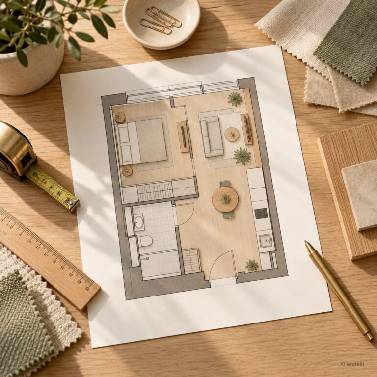 Raumplanung für eine kleine Wohnung mit Grundriss, Maßband und Möbelanordnung auf einem hellen Holztisch.