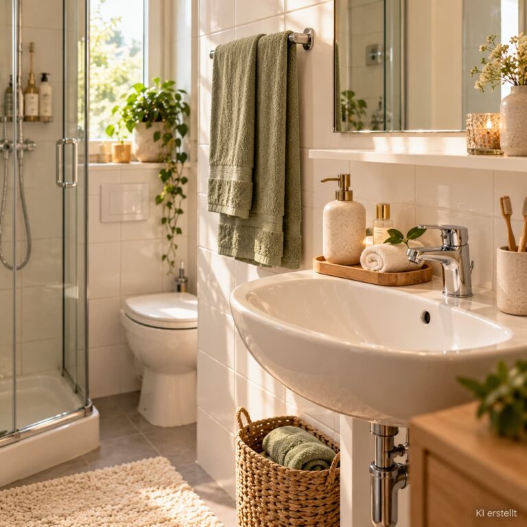 Kleine Home-Spa-Ecke im Badezimmer mit cremefarbenen Handtüchern, Keramikaccessoires, Pflanze und Holzoptik-Tablett.