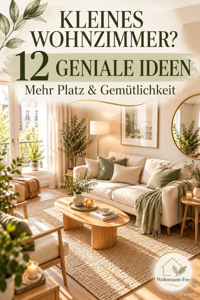 Pinterest-Pin mit hellem kleinen Wohnzimmer, cremefarbenem Sofa und Eichenholzmöbeln. Überschrift: „Kleines Wohnzimmer? 12 Ideen, die sofort mehr Platz schaffen“.