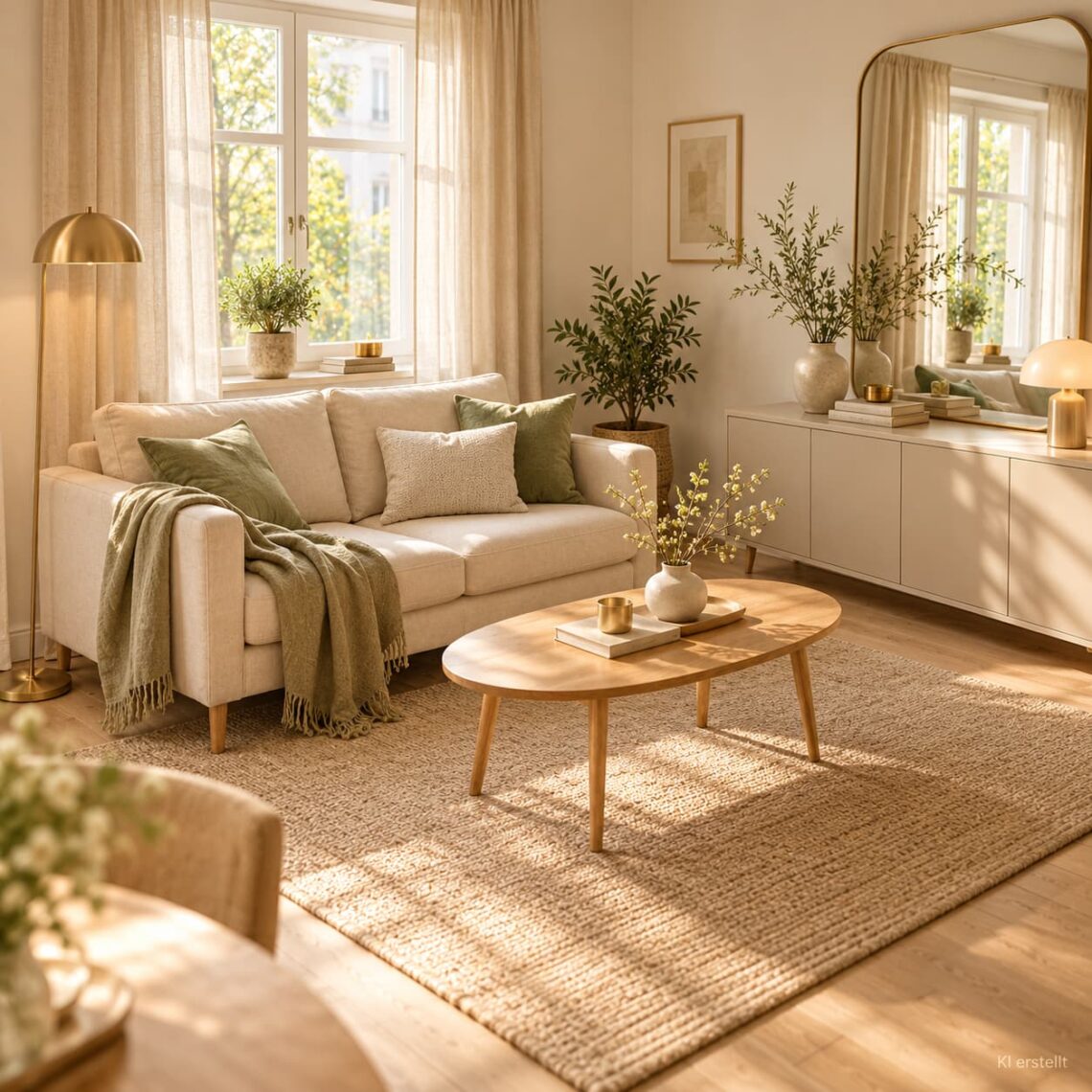 Kleines Wohnzimmer einrichten mit cremefarbenem Sofa, hellen Holzmöbeln und platzsparender Einrichtung.