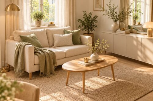 Kleines Wohnzimmer einrichten mit cremefarbenem Sofa, hellen Holzmöbeln und platzsparender Einrichtung.