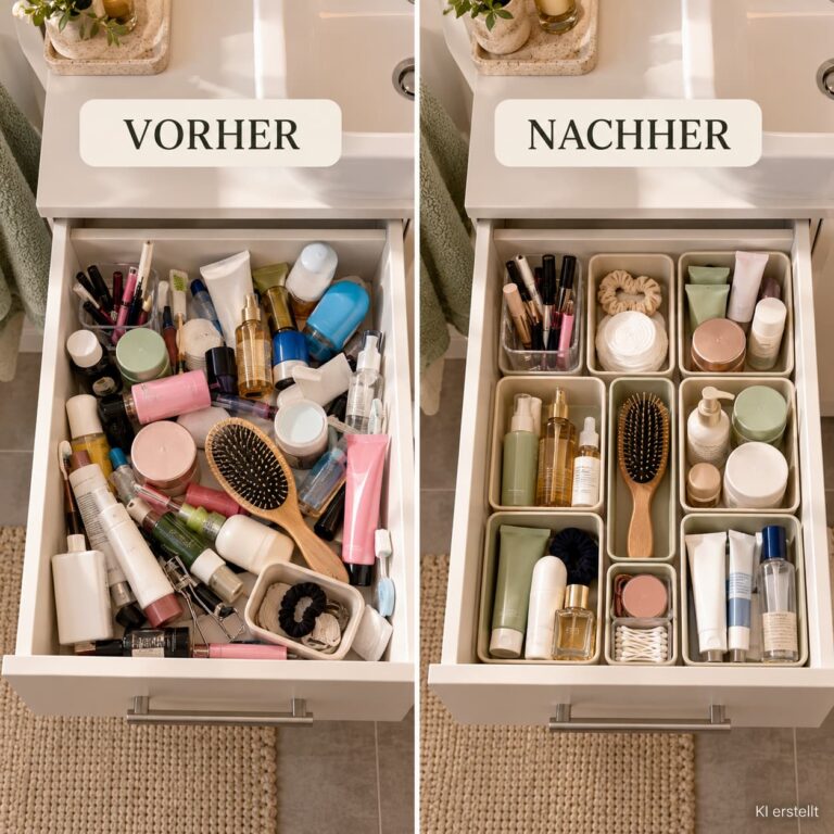 Badezimmer-Schublade vorher nachher mit passenden Organizern für Pflegeprodukte, Kosmetik und Hygieneartikel.