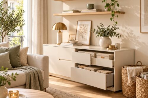 Stauraum schaffen in einer kleinen Wohnung mit Aufbewahrungskörben, Wandregalen und clever organisierten Möbeln.