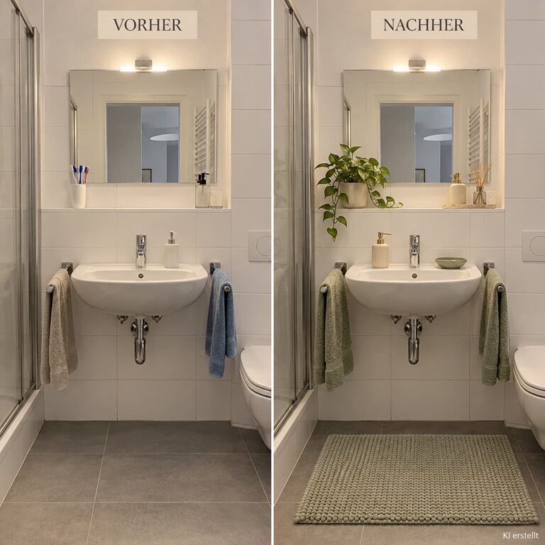 Badezimmer vorher nachher ohne Bohren mit neuen Handtüchern, Seifenspender, Badteppich und natürlichen Accessoires.