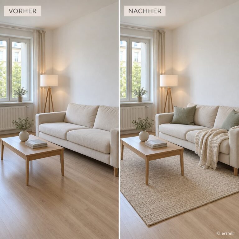 Wohnzimmer in einer Mietwohnung vorher nachher mit großem Naturteppich, Sofakissen und gemütlicher Einrichtung.
