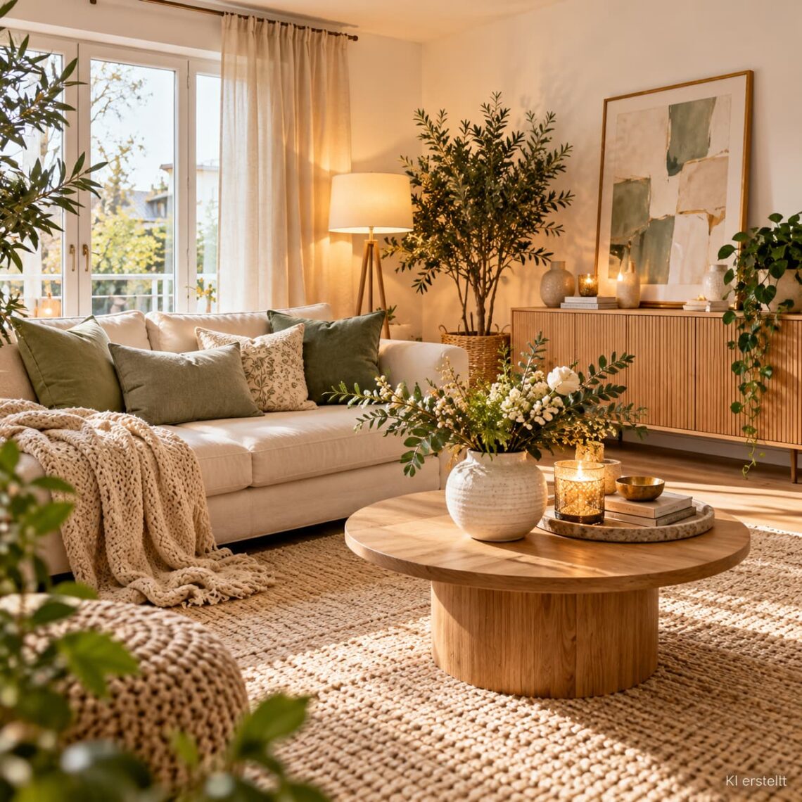 Gemütliche Mietwohnung mit cremefarbenem Sofa, großem Teppich, angelehnten Bildern und stilvollen Wohnaccessoires ohne Bohren.