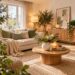 Gemütliche Mietwohnung mit cremefarbenem Sofa, großem Teppich, angelehnten Bildern und stilvollen Wohnaccessoires ohne Bohren.
