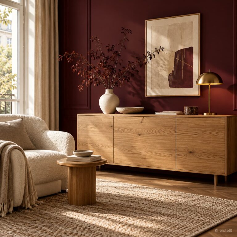 Wohnzimmer mit bordeauxfarbener Wand, hellem Eichenholz-Sideboard und cremefarbenem Sofa.