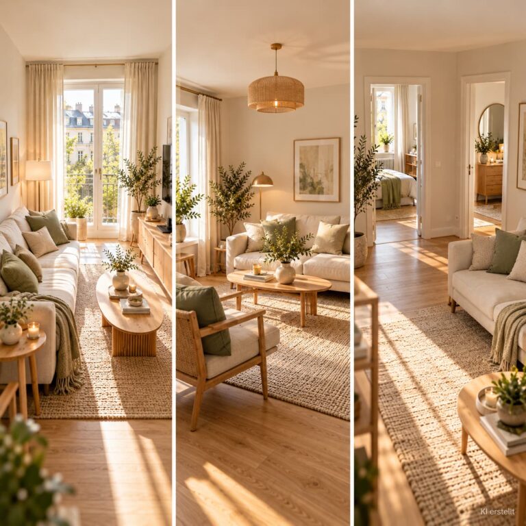 Drei Einrichtungsmöglichkeiten für kleine Wohnzimmer mit unterschiedlichen Grundrissen, Sofa und Couchtisch.