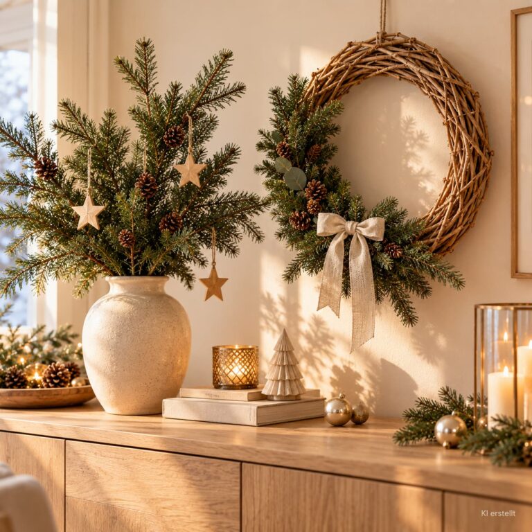 Selbstgemachter Weihnachtskranz aus biegsamen Zweigen neben einer Vase mit Tannengrün und Holzanhängern.