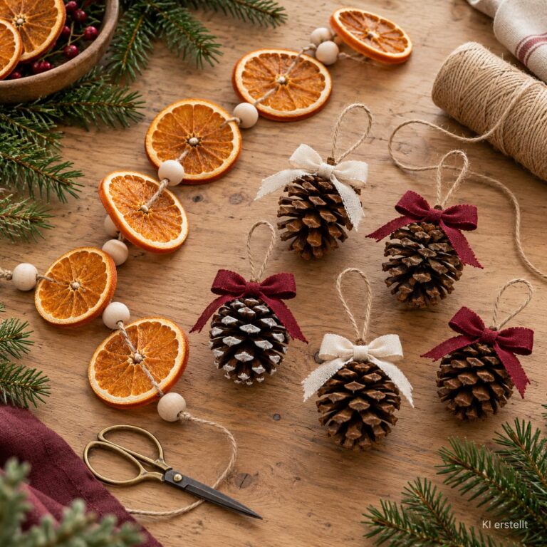 Selbstgemachte Weihnachtsanhänger aus Tannenzapfen und Orangenscheiben mit Naturgarn und Leinenbändern.