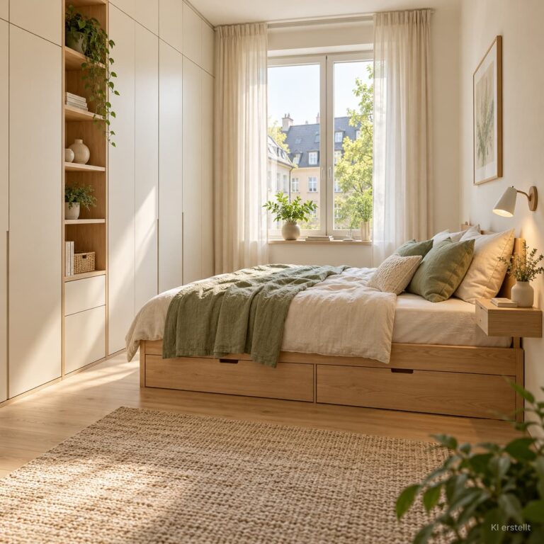 Kleine Wohnung mit raumhohem Kleiderschrank, Bett mit Stauraumschubladen und hellen Naturholzmöbeln.