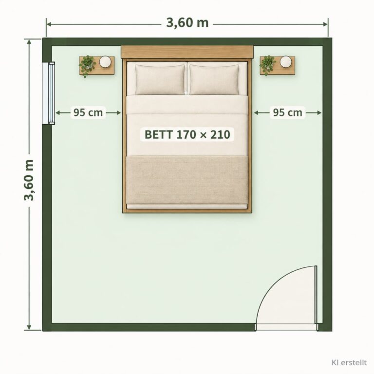 Quadratischer Schlafzimmer-Grundriss mit mittig gestelltem Doppelbett und 95 cm seitlichem Platz auf beiden Seiten.