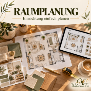 Professionelle Raumplanungs-Arbeitsfläche mit Wohnungsgrundriss, Maßband, Farbmustern, Holzproben und digitalem Raumplaner auf einem Tablet. Wohnraum-Fee-Pinnwandcover zum Thema Raumplanung.