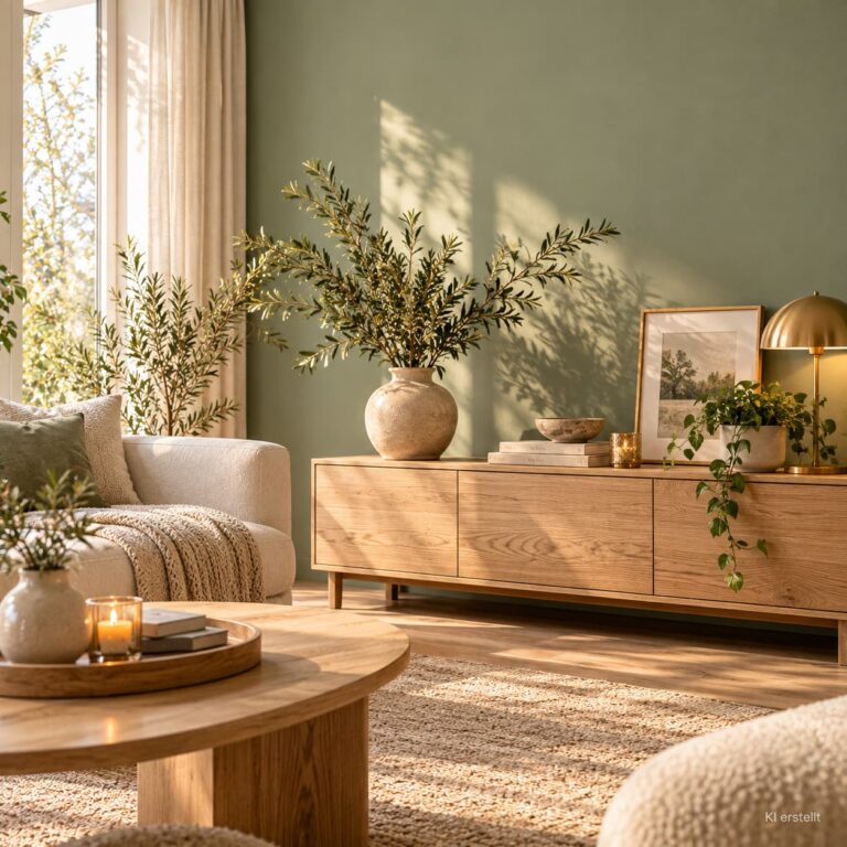 Salbeigrüne Wand hinter einem hellen Eichenholz-Sideboard mit cremefarbenem Sofa und natürlichen Wohnaccessoires.