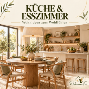Helle moderne Küche mit cremefarbenen Schränken, Holzesstisch, natürlichen Materialien und warmer Beleuchtung. Pinterest-Pinnwandcover von Wohnraum-Fee für Küche und Esszimmer.