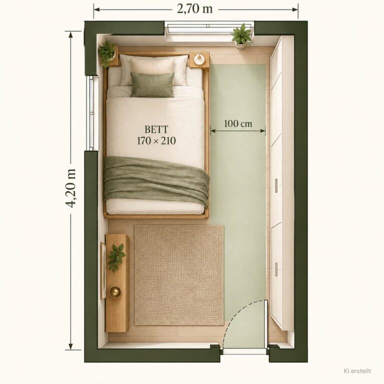Schmaler Schlafzimmer-Grundriss mit Bett längs an der Wand und einem Meter seitlichem Bewegungsraum.