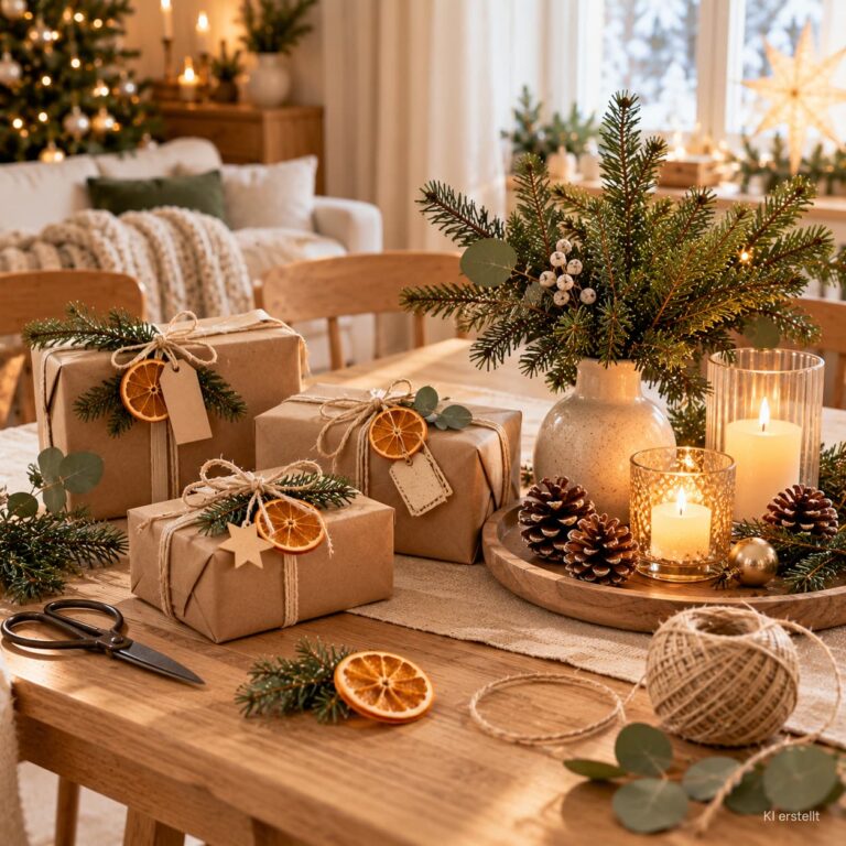 Selbstgemachte Weihnachtsdeko mit natürlichen Geschenkanhängern und weihnachtlichem Holztablett mit Tannenzweigen.