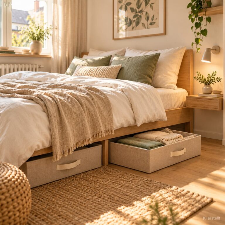 Stauraum unter dem Bett mit flachen Aufbewahrungsboxen für Bettwäsche und saisonale Kleidung in einem kleinen Schlafzimmer.