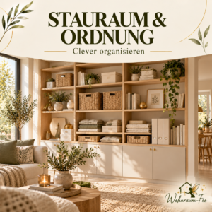 Ordentlich gestaltete Eichenholzregale mit Aufbewahrungskörben, Boxen, Büchern und gefalteten Textilien. Quadratisches Wohnraum-Fee-Cover zum Thema Stauraum und Ordnung.