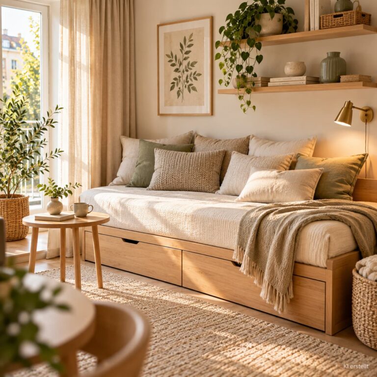 Gemütliche Einzimmerwohnung mit hellem Tagesbett, großen Sofakissen und platzsparendem Beistelltisch.