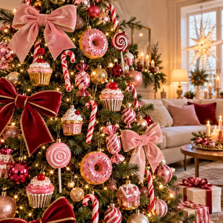Ungewöhnlicher rosa Weihnachtsbaum mit großen Zuckerstangen, Donut-Ornamenten und buntem Süßigkeitenschmuck.