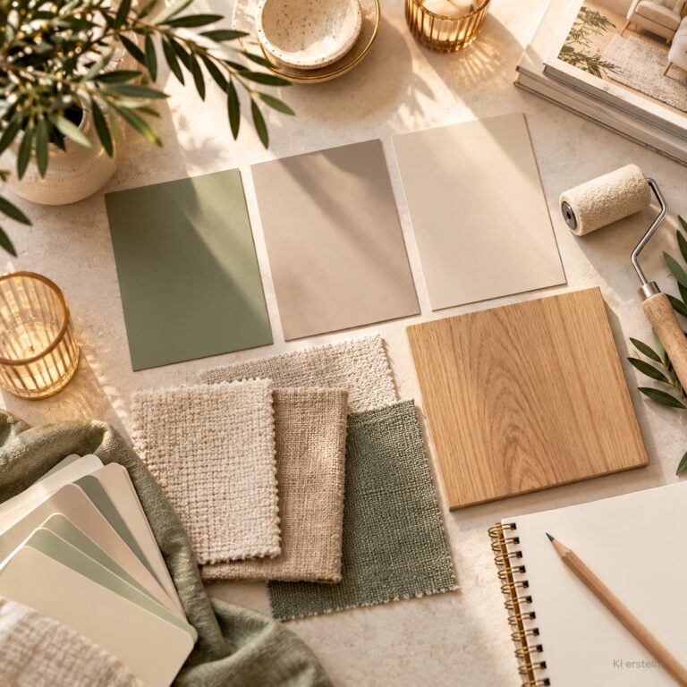 Farbplanung für Eichenmöbel mit Wandfarbkarten, heller Eichenholzprobe und Stoffmustern in Beige und Salbeigrün.