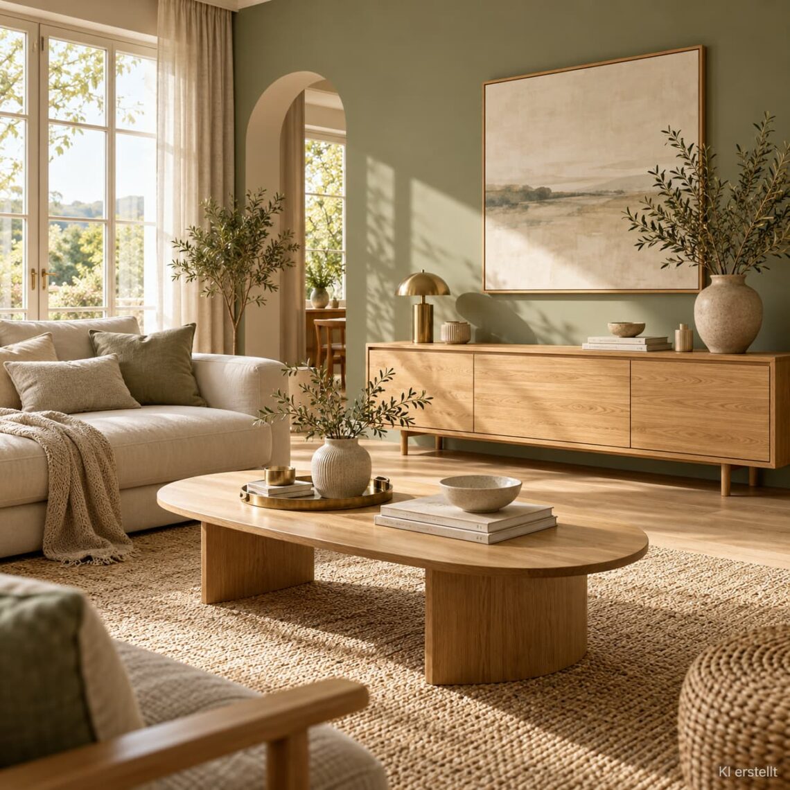 Wohnzimmer mit Eichenmöbeln, salbeigrüner Wandfarbe, cremefarbenem Sofa und harmonischen Naturtönen.